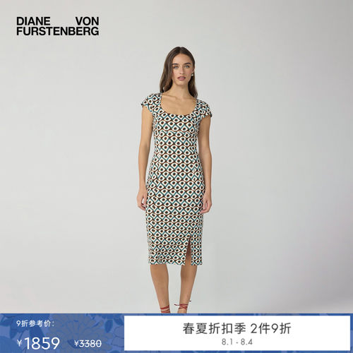 DVF2026春夏新款椭绿棕色摩登菱格通勤连衣裙DS1U003