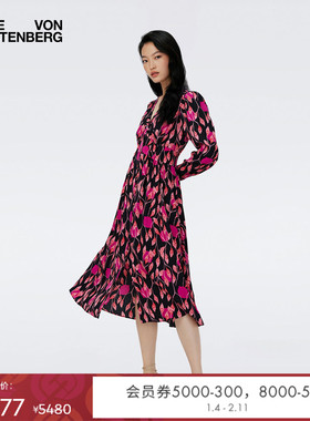 DVF茶歇裙玫瑰粉植物印花绉纱长袖连衣裙DL4R010