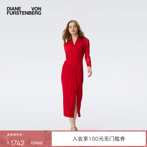 DVF曜石黑纯色V领裹身连衣裙