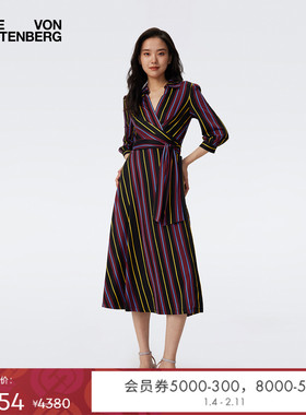 DVF2025新款多彩条纹图案翻领长袖裹身裙DW1T013