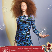 显瘦连衣裙DL4R001 弹力网纱修身 弹力网纱 DVF圆领艺术印花长袖