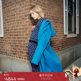 [双面毛呢]DVF彩色羊毛大衣明亮蓝双面毛呢连帽长款外套CL3R002