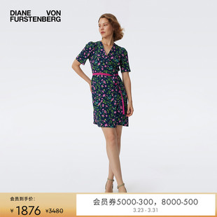 MINI短款 短袖 裹身裙连衣裙DW1T011 V领茶歇裙植物印花泡泡袖 DVF