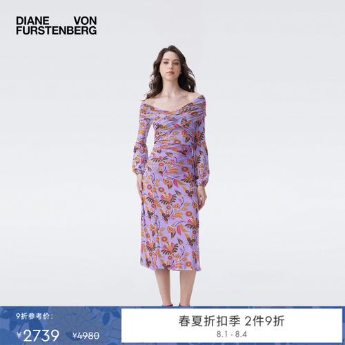 [七夕礼物]DVF2026春夏度假弹力网纱淡紫梦幻花卉连衣裙DL4T011