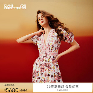 DVF2026春夏新款 蕾丝拼接肌理棉连衣裙DS1U024 柔粉鎏金花谱泡泡袖
