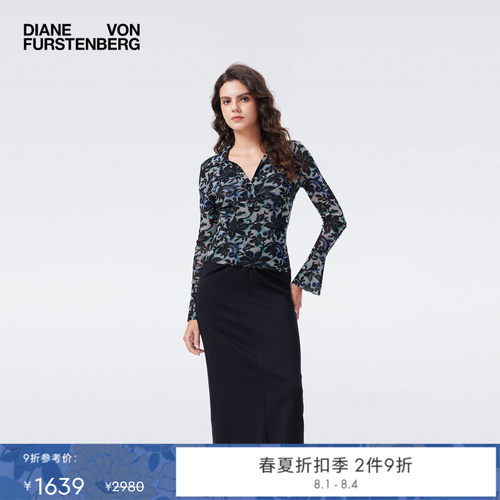 DVF复古蕾丝花卉弹力网纱上衣