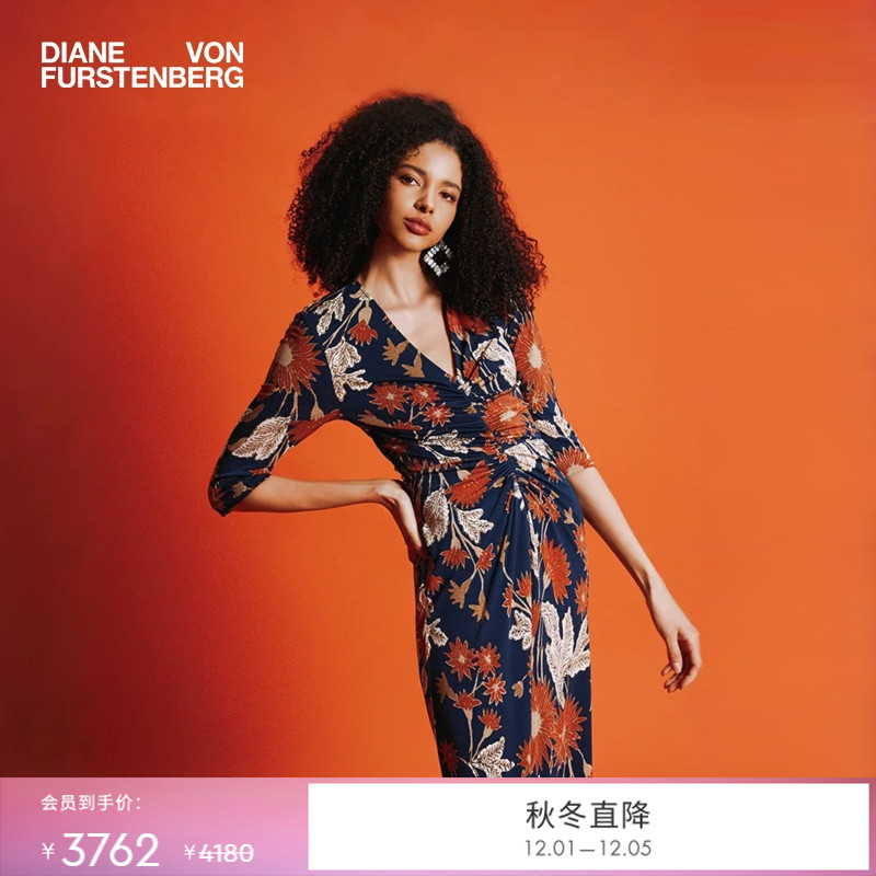 DVF深蓝太阳花卉图案连衣裙