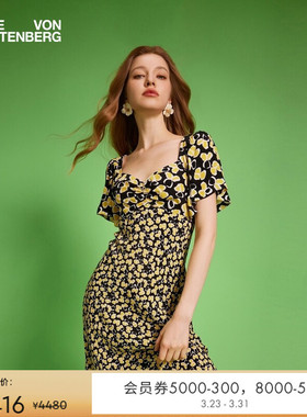 [博主同款]DVF 复古方领茶歇裙泡泡袖植物印花连衣裙DS1T019