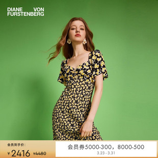 复古方领茶歇裙泡泡袖 DVF 植物印花连衣裙DS1T019 博主同款