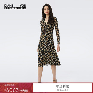 弹力网纱银杏叶叠影图案连衣裙DL3T008 DVF2025秋冬新款 弹力网纱