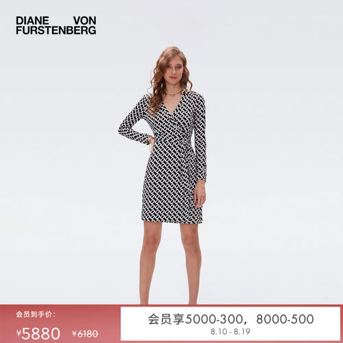 [100%真丝 品牌经典]DVF黑白锁链印花长袖短款裹身连衣裙MR39E00