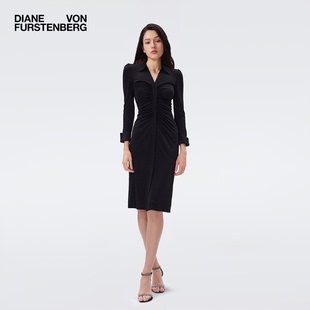 DVF气质哑光针织黑色长袖 小黑裙 中长连衣裙MR61E00 哑光针织