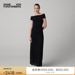 DVF曜石黑纯色一字肩长裙礼服连衣裙DS2T008