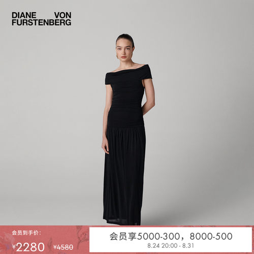 DVF曜石黑连衣裙长裙一字肩