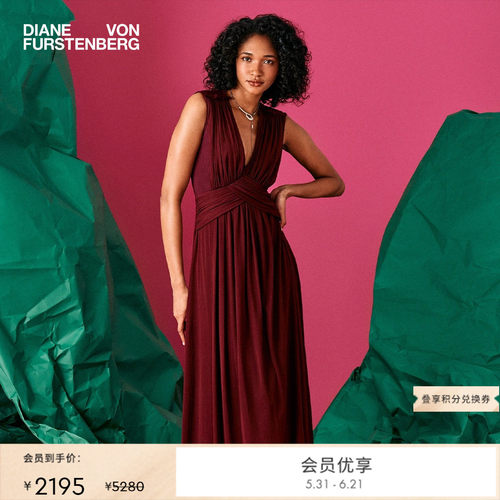 DVF酒红色弹力网纱连衣裙