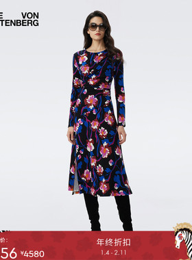 [天丝羊毛]DVF2025秋冬彩色浮动花朵天丝羊毛长袖连衣裙DL3T002