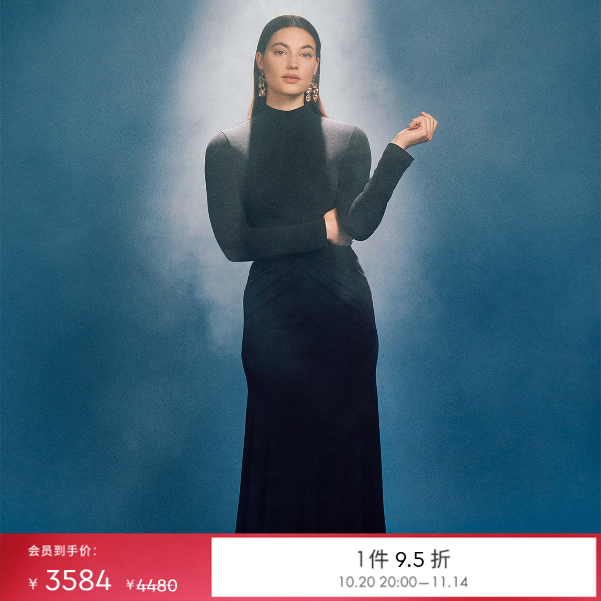DVF经典黑半高领A字裙连衣裙