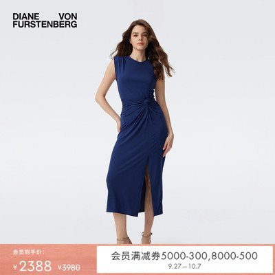 DVF圆领纯色海军蓝连衣裙