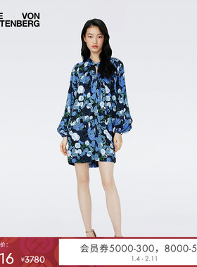 [博主同款]DVF蓝色锁链印花长袖短裙连衣裙DL4R032