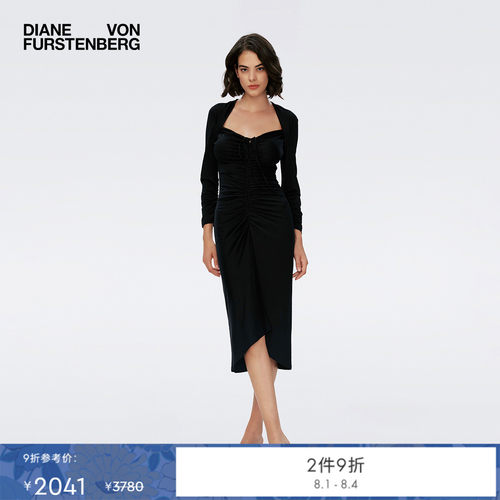DVF复古方领轻礼服小黑裙连衣裙