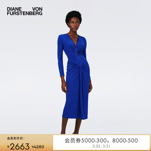 纯色连衣裙DL4R036 中长款 DVF V领蓝色哑光针织长袖