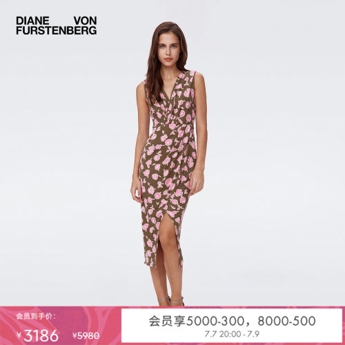 DVF橄榄绿玫瑰花语桑蚕丝连衣裙