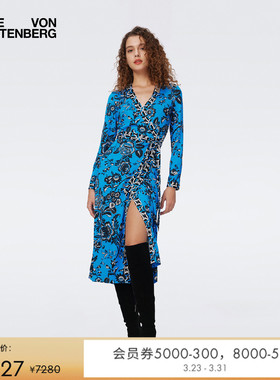 DVF裹身裙蓝色葡萄藤图案拼接针织桑蚕丝拼摩登针织连衣裙DW3S025