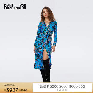 DVF裹身裙蓝色葡萄藤图案拼接针织桑蚕丝拼摩登针织连衣裙DW3S025