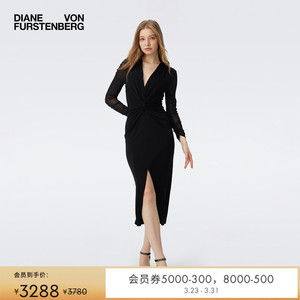 [小黑裙]DVF V领曜石黑腰部扭结设计修身长袖连衣裙DL1T002