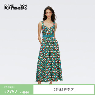 綠色幾何印花中長(zhǎng)裙夏季 DVF女裝 海島度假吊帶連衣裙DS1S071
