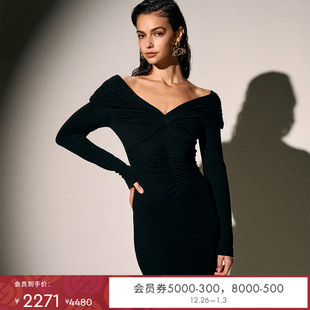 中长款 DVF礼服气质一字肩收腰长袖 连衣裙DL3R002 小黑裙