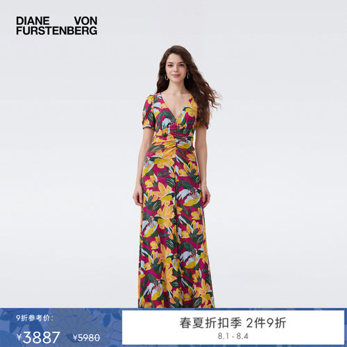 [弹力网纱]DVF2026春夏新款海岛度假V领印花长款连衣裙DS1U012