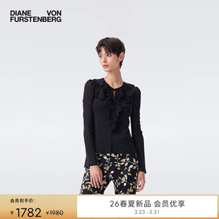 黑色圆领荷叶边长袖 经典 DVF2026早春新款 上衣BL4T004 弹力网纱