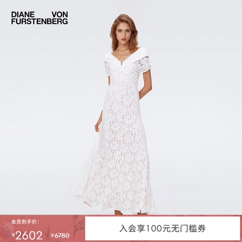 DVF一字领白色蕾丝连衣裙