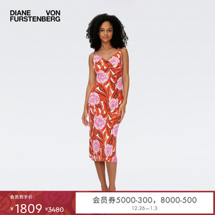 DVF哑光针织橙粉棕榈风情印花连衣裙DS1S015