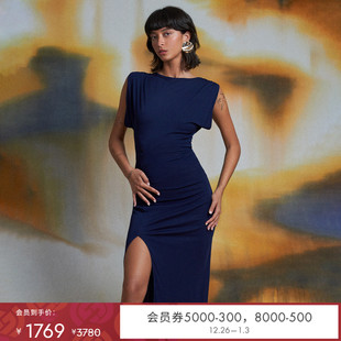 DVF度假圆领侧开叉及踝裙长哑光针织轻礼服连衣裙DS1S053