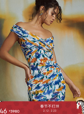 [海岛度假]DVF一字领度假修身版型植物印花连衣裙DS1S022
