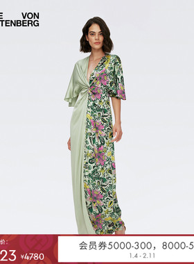 DVF 绿色V领度假佩斯利印花拼接长款连衣裙DS1S057