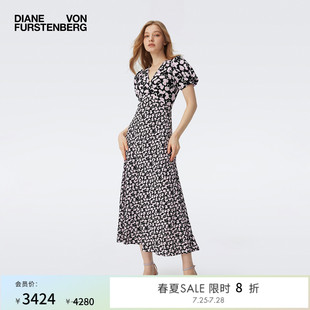 DVF2025春夏新款 V領(lǐng)度假茶歇裙植物印花太陽花圖案連衣裙DS1T036