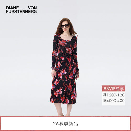 DVF2026秋季新款红黑鸢尾花枝抽绳褶皱上衣高腰半裙套装