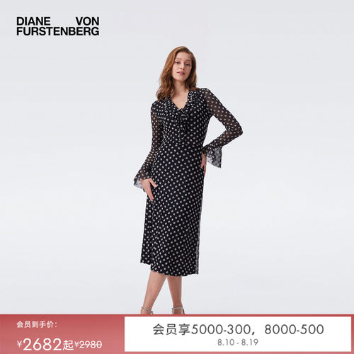 [重工植绒网纱]DVF2026早秋新款黑白波点V领上衣半裙套装