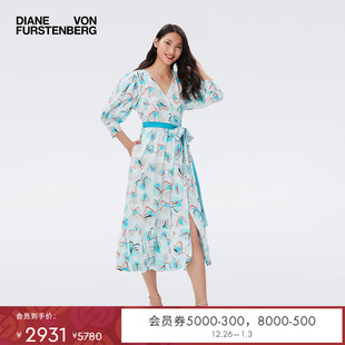 收腰裹身连衣裙DW2R013 中长款 DVF V领百褶裙七分袖