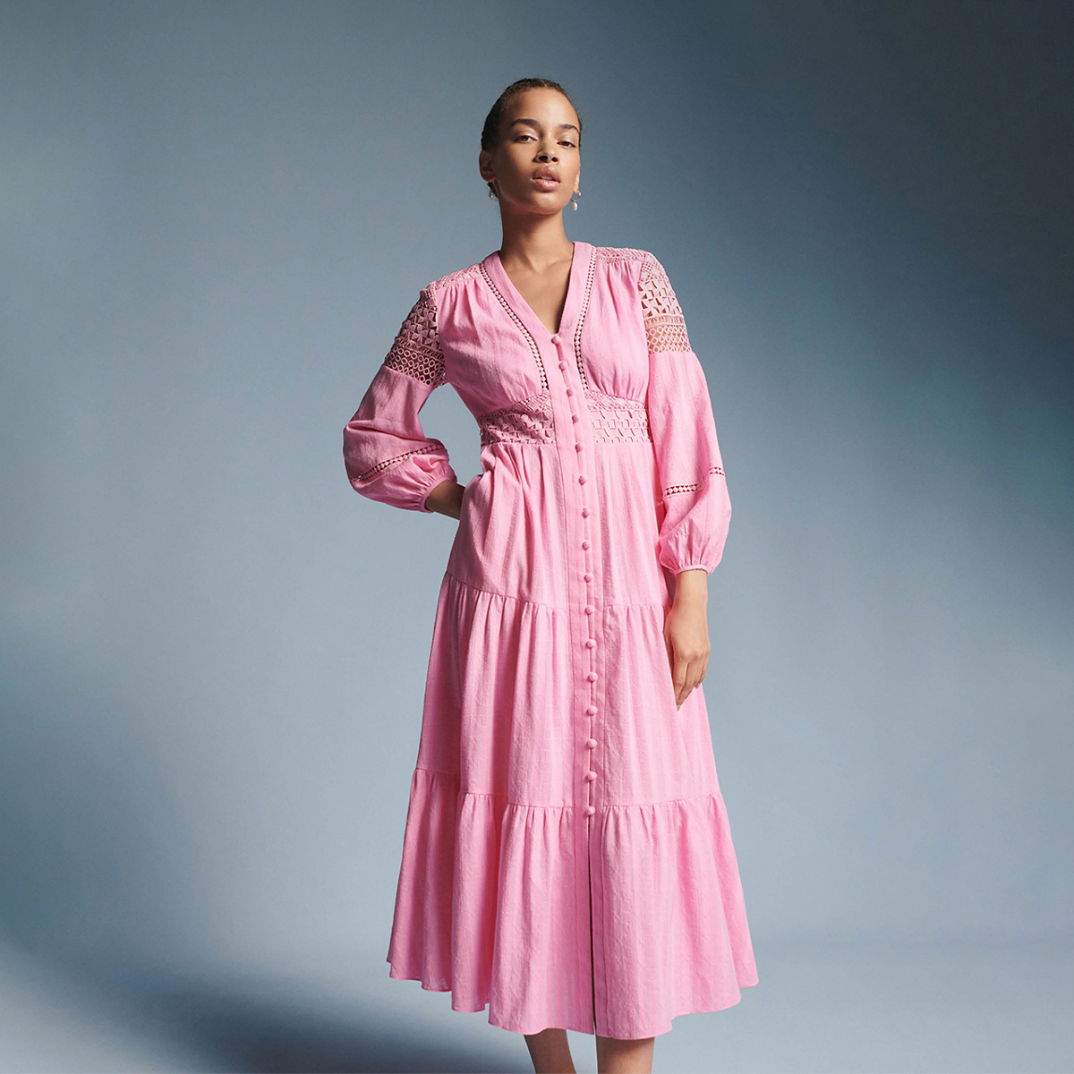 DVF玫瑰同款粉色拼接茶歇连衣裙