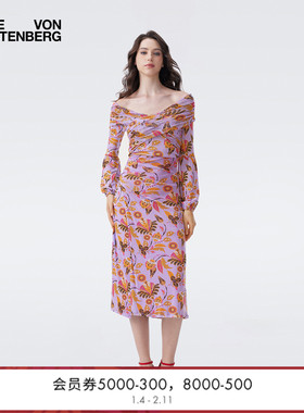 [弹力网纱]DVF2026早春新款淡紫色梦幻花卉一字肩连衣裙DL4T011