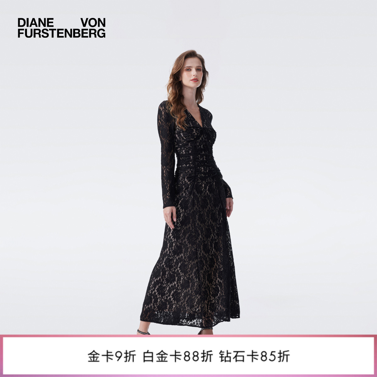[重工系列]DVF2026早春新款黑色花卉蕾丝V领礼服感连衣裙GL4T003
