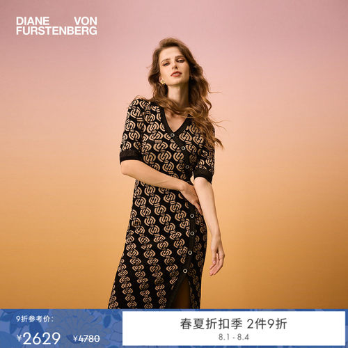 DVF黑金几何短袖提花针织连衣裙