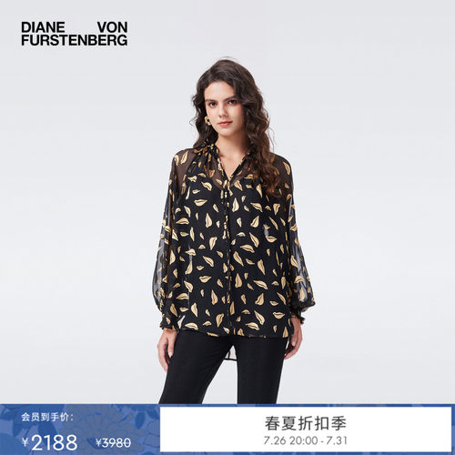 [重工烧花雪纺]DVF2026春夏新款锁爱金唇印花宽松长袖上衣BL4T008
