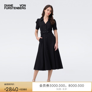 式 A字裙摆衬衫 DVF曜石黑纯色短袖 连衣裙DS2T005 庞特针织