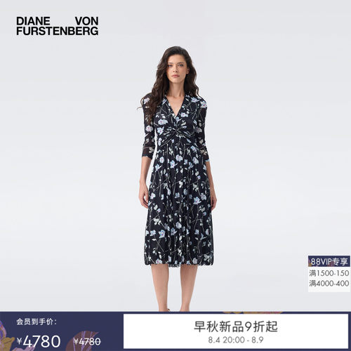 [弹力网纱]DVF2026早秋新款黑白午夜玫瑰围裹式碎花连衣裙DL2U009