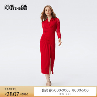 曜石黑纯色V领针织拼网纱裹身礼服连衣裙MR82E00 DVF经典 小黑裙